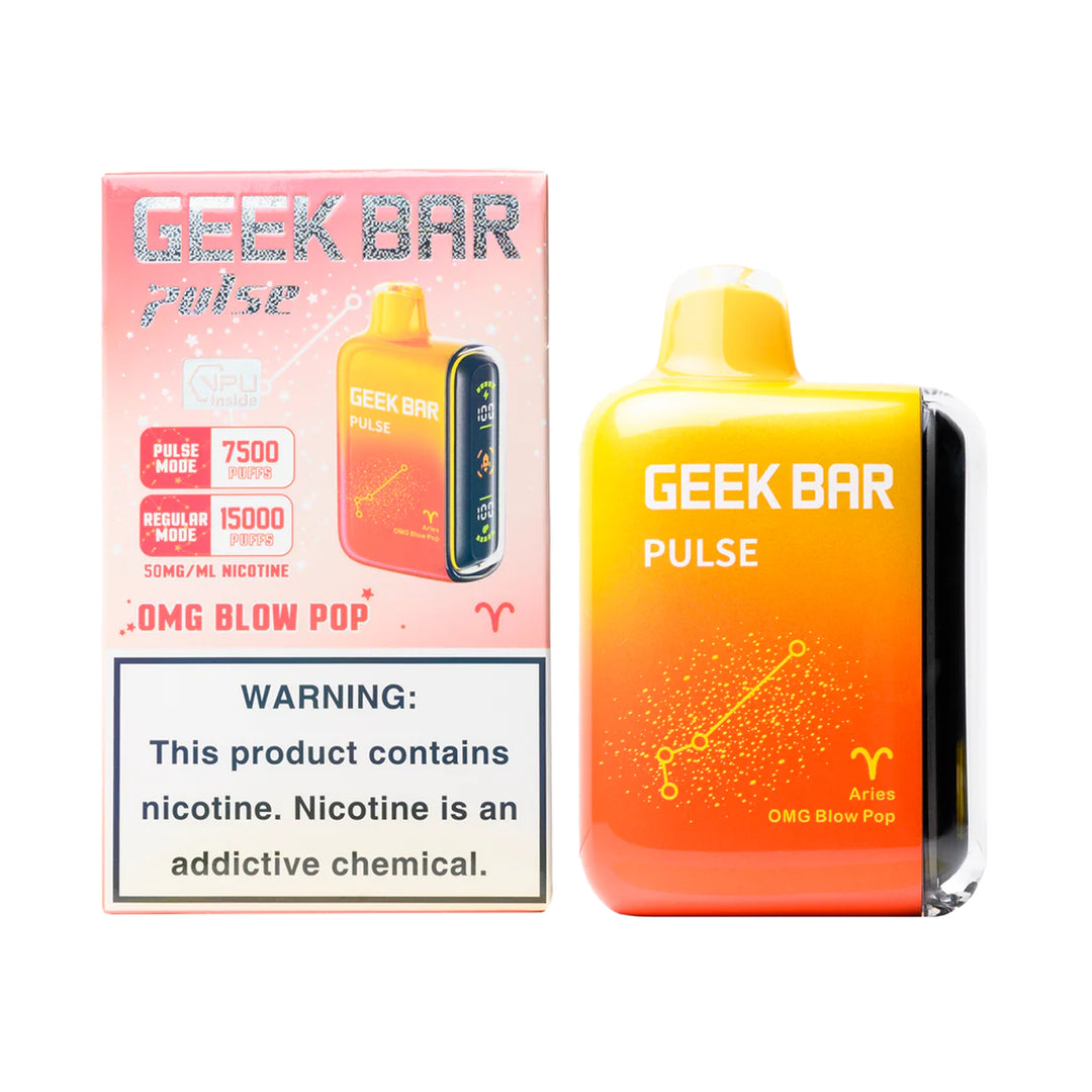 A product image of a disposable vape, the Geek Bar Pulse 15000 in the OMG Blow Pop flavor. The image displays both the packaging box on the left and the device itself on the right.