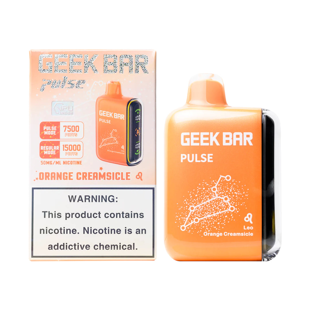 A product image of a disposable vape, the Geek Bar Pulse 15000 in the Orange Creamsicle flavor. The image displays both the packaging box on the left and the device itself on the right.