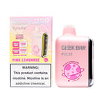 Load image into Gallery viewer, A product image of a disposable vape, the Geek Bar Pulse 15000 in the Pink Lemonade flavor. The image displays both the packaging box on the left and the device itself on the right.
