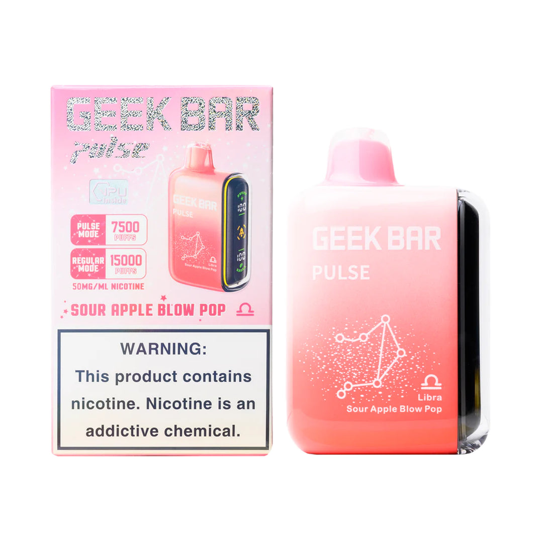 A product image of a disposable vape, the Geek Bar Pulse 15000 in the Sour Apple Blow Pop flavor. The image displays both the packaging box on the left and the device itself on the right.