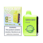 Load image into Gallery viewer, A product image of a disposable vape, the Geek Bar Pulse 15000 in the Sour Apple Ice flavor. The image displays both the packaging box on the left and the device itself on the right.
