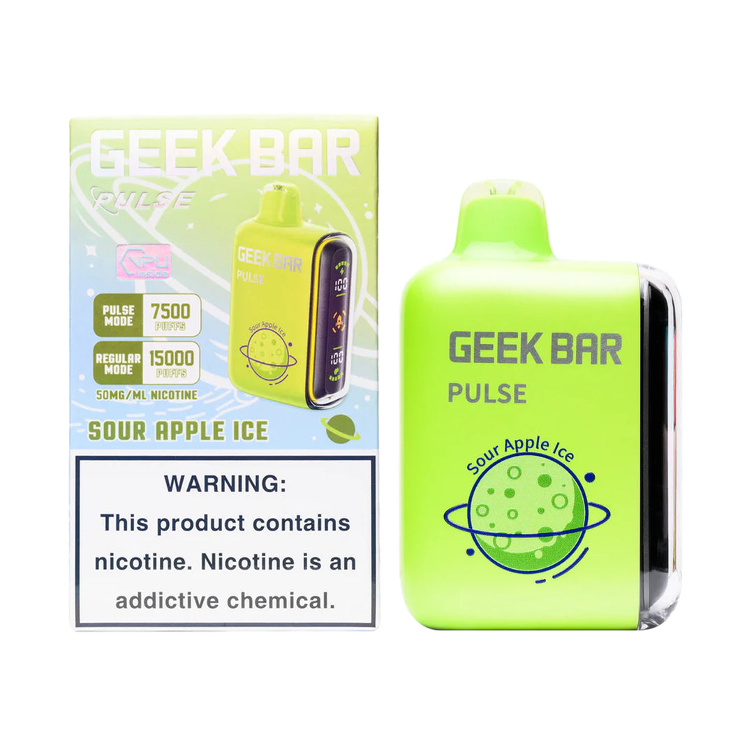 A product image of a disposable vape, the Geek Bar Pulse 15000 in the Sour Apple Ice flavor. The image displays both the packaging box on the left and the device itself on the right.