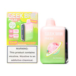 Load image into Gallery viewer, A product image of a disposable vape, the Geek Bar Pulse 15000 in the Sour Strawberry flavor. The image displays both the packaging box on the left and the device itself on the right.
