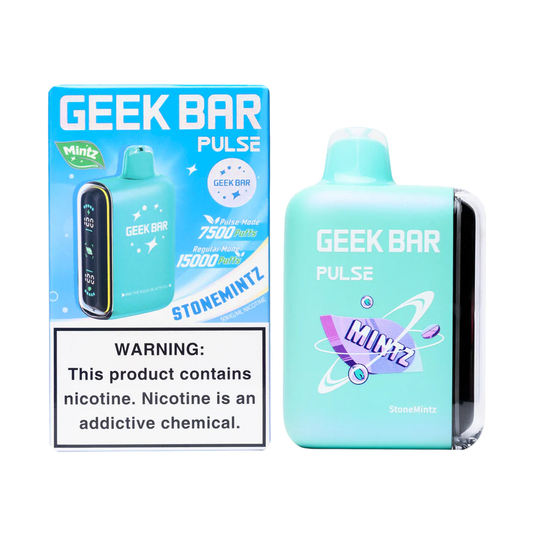 A product image of a disposable vape, the Geek Bar Pulse 15000 in the Stonemintz flavor. The image displays both the packaging box on the left and the device itself on the right.