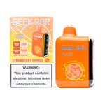 Load image into Gallery viewer, A product image of a disposable vape, the Geek Bar Pulse 15000 in the Strawberry Mango flavor. The image displays both the packaging box on the left and the device itself on the right.
