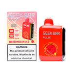 Load image into Gallery viewer, A product image of a disposable vape, the Geek Bar Pulse 15000 in the Watermelon Ice flavor. The image displays both the packaging box on the left and the device itself on the right.
