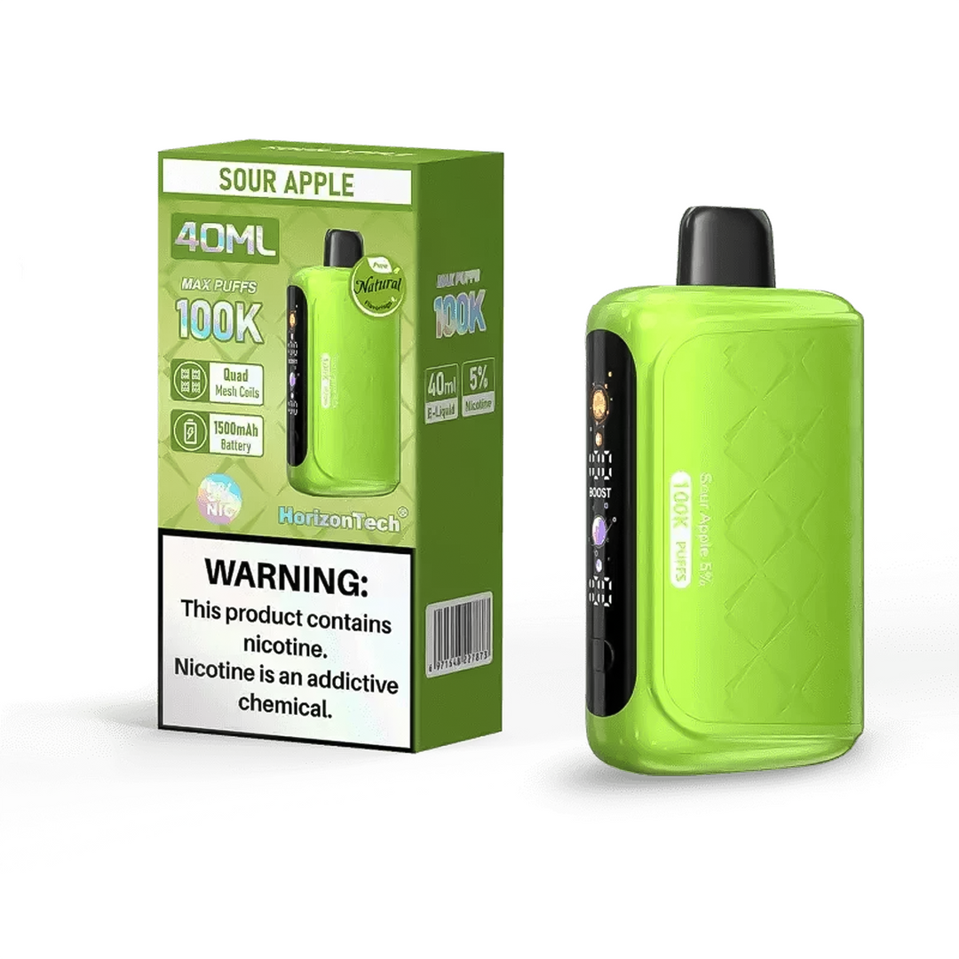 HorizonTech 100K Disposable Vape Device Sour Apple flavor, 40ml 100000 puffs, 5% nicotine strength