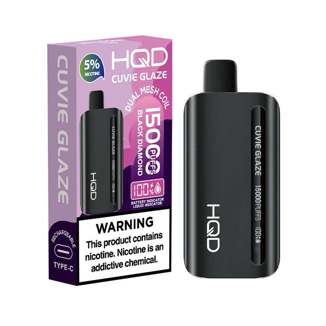 HQD Cuvie Glaze 15K Disposable Vape in Black Diamond flavor, up to 15,000 puffs, rechargeable device