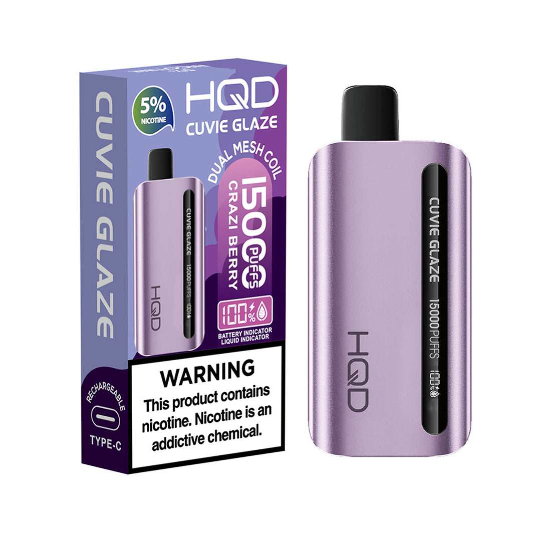 HQD Cuvie Glaze 15K Disposable Vape in Crazi Berry flavor, up to 15,000 puffs, rechargeable device