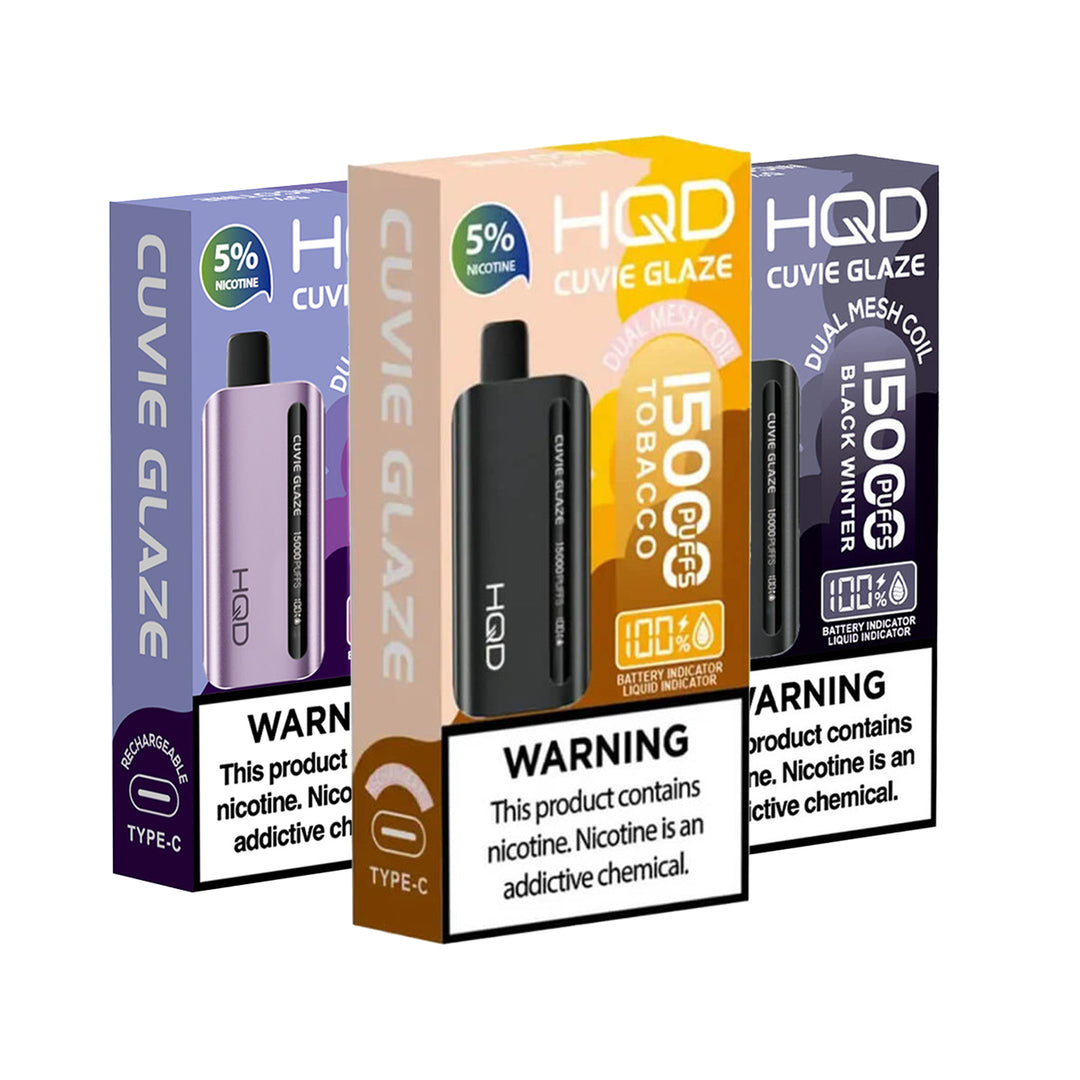 HQD Cuvie Glaze 15K Disposable Vape boxes in flavor; Tobacco, Black Winter and Crazi Berry – 22mL e-liquid, USB-C recharge, premium design.
