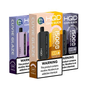 HQD Cuvie Glaze 15K Disposable Vape boxes in flavor; Tobacco, Black Winter and Crazi Berry – 22mL e-liquid, USB-C recharge, premium design.